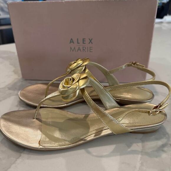 Alex Marie Flat Heel T-Strap Gold Sandals w/Gold Flower Women's Size 8M Dutchess - Picture 3 of 10